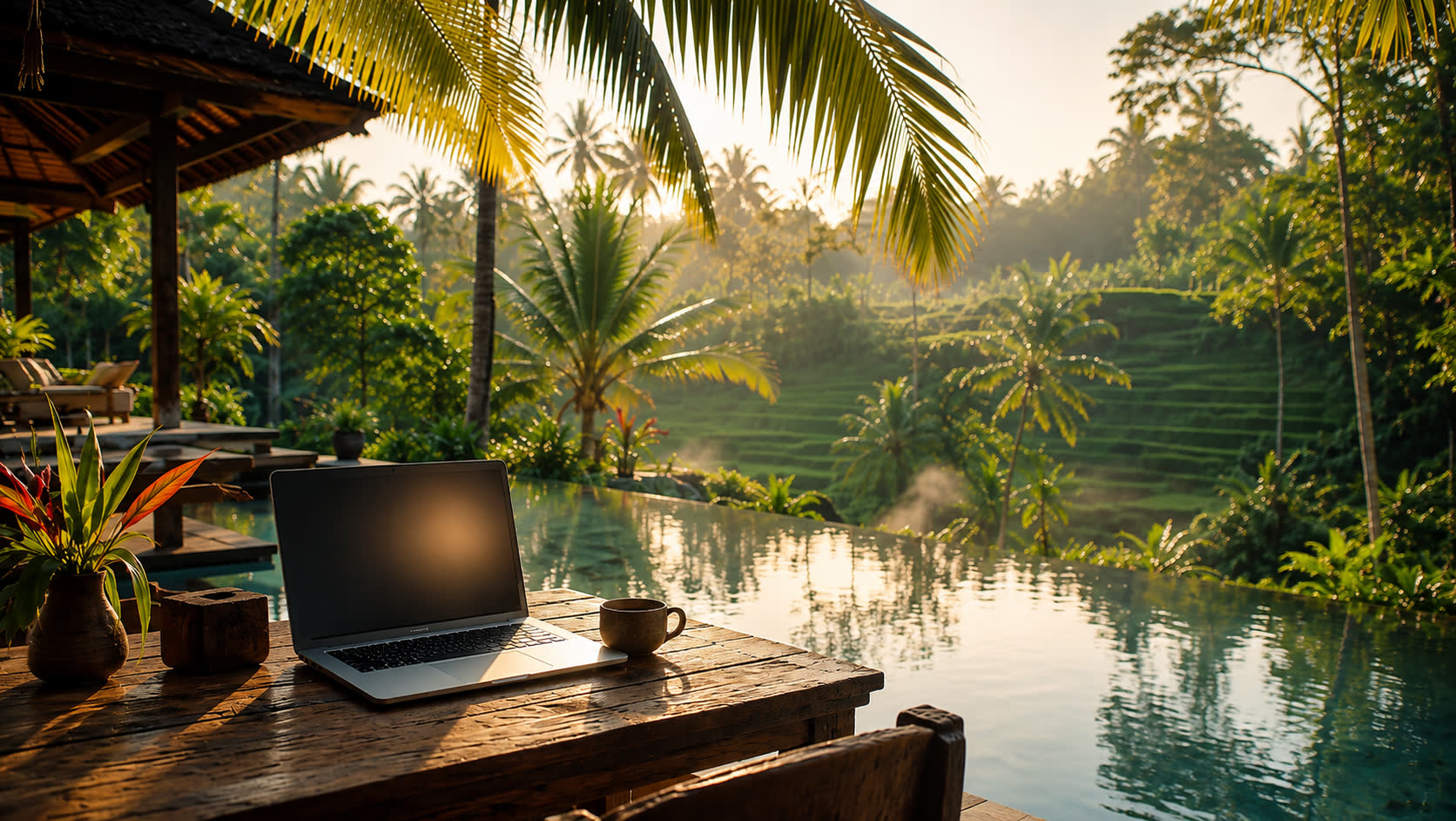 A laptop on a wooden table beside a Bali villa pool, jungle and rice terraces in the morning light.