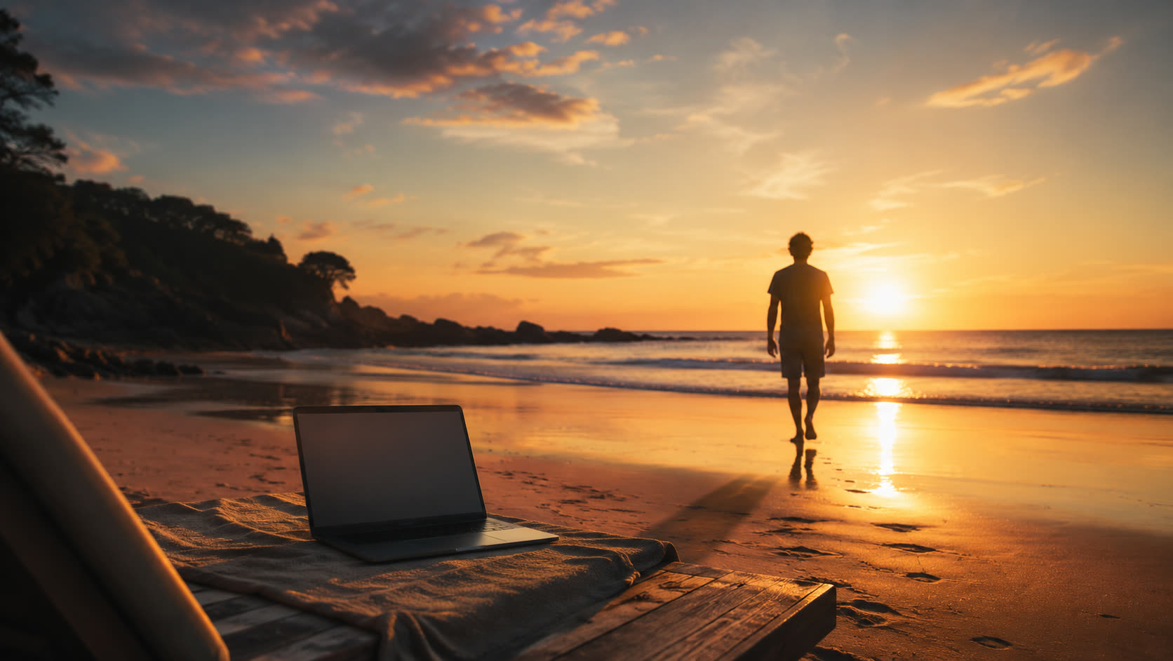 A laptop on a beach at golden hour while someone walks toward the water at sunset.